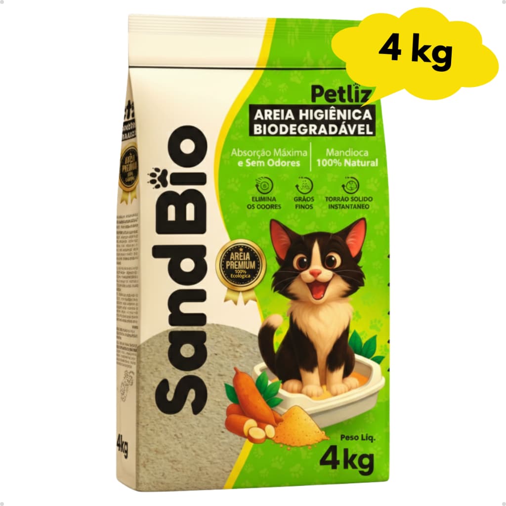 Areia Sanitária Higiénica para Gatos Biodegradável Mandioca Sandbio Premium Grãos Finos Petliz 4 kg