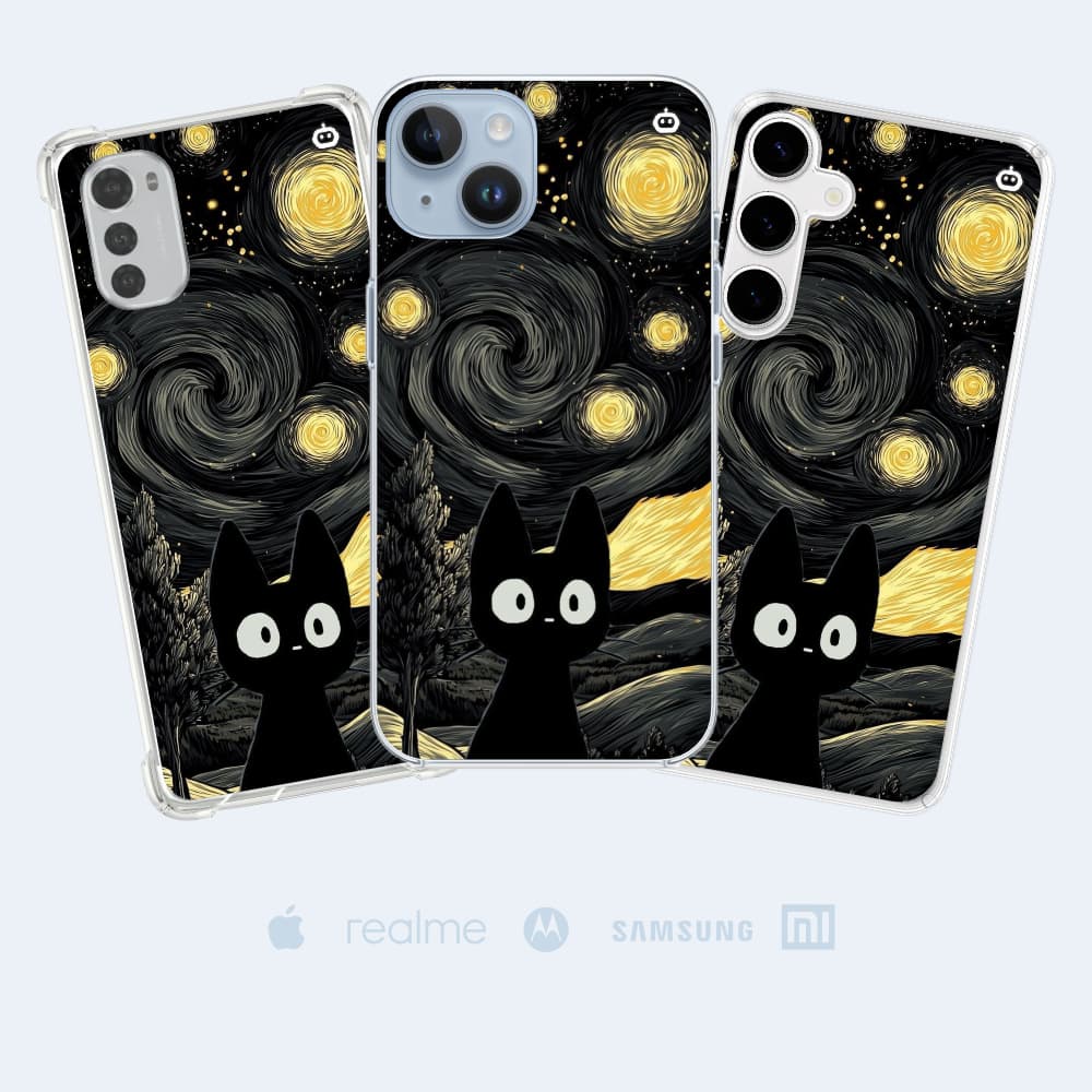 Capinha Celular Personalizada Arte Noite Estrelada com Gato Preto
