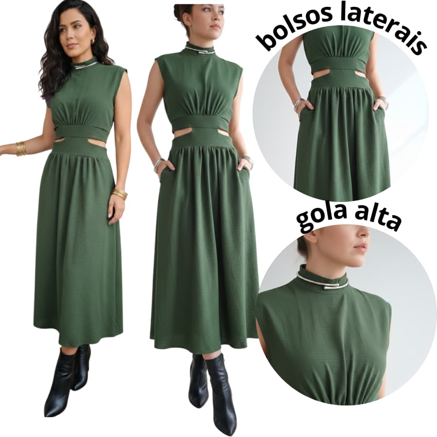 vestido feminino longo com bolso ziper duna premium inverno Vestido Feminino Midi com Recortes Laterais Elegante Moderno