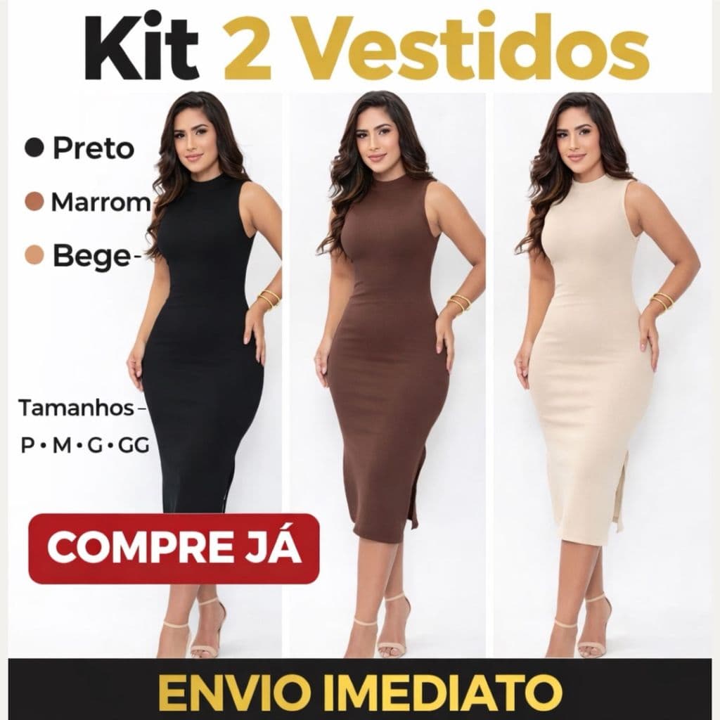 Kit 2 Vestidos Midi Canelados Premium Elegância + Conforto | Envio Imediato Promoção leva 2 Vestidos Feminino  Moda Luxo