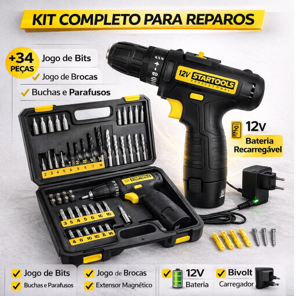 Kit Ferramentas Startoles Completo 200 Peças +Furadeira e Parafusadeira  a Bateria 12V