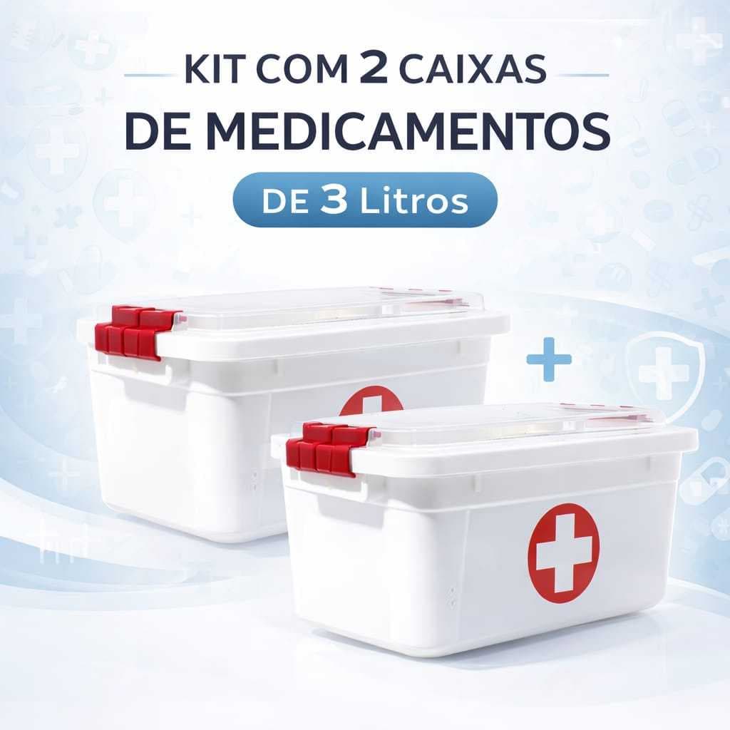 Kit 2 Potes Primeiros Socorros Caixa Para Remedios 3 Litros Tampa Uninjet Com Duas Travas Segurança Organização