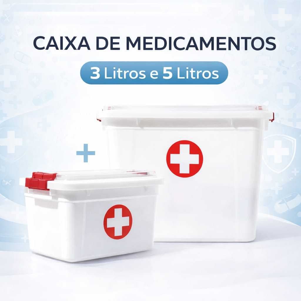 kit Com 1 Caixa 3 Litros Primeiros Socorros + 1  Caixa 5 Litros Para Medicamentos Com Tampa Segura Duas Travas Organiza