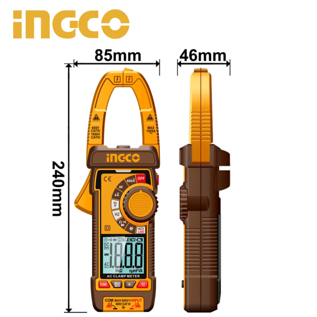 Alicate Amperímetro Digital 600A INGCO DCM66001 – True RMS e Multifunções