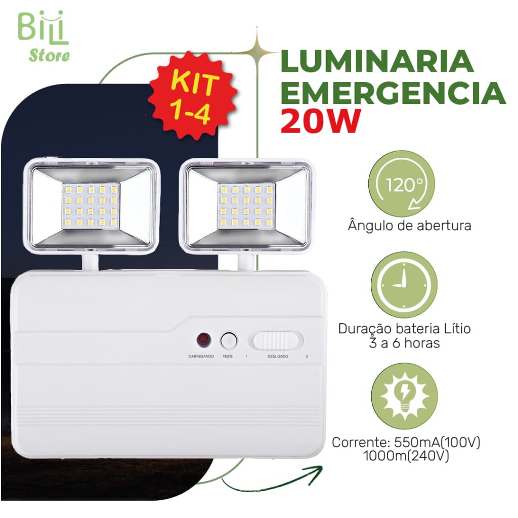 Luminária de Emergência LED PRO 20W com 2 Farol 40 LEDS Luz Branco Frio