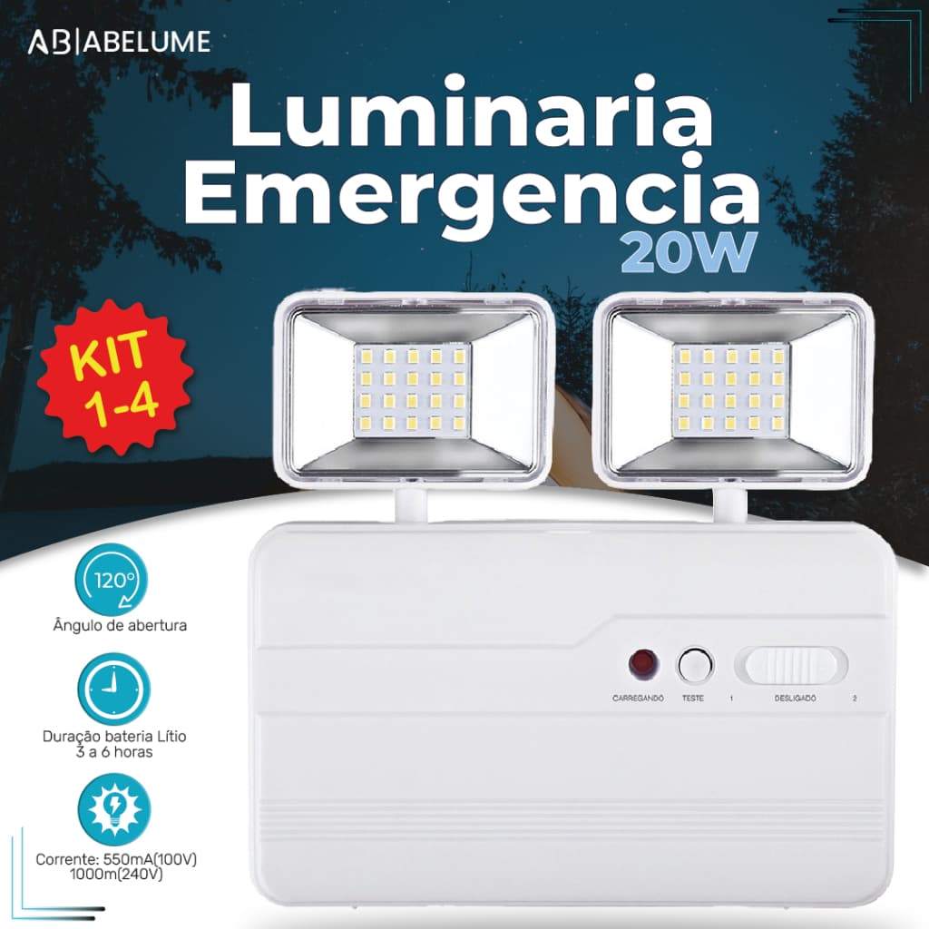 Luminária de Emergência Led Lite 20W com 2 Farol 40 LEDS Luz Branco Frio
