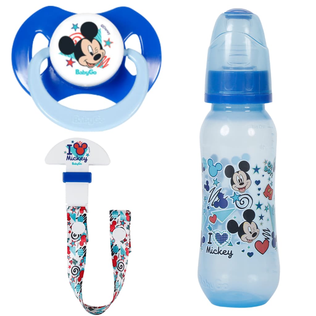 Kit BabyGo Mickey: Prendedor + Chupeta Orto com Capuz (6M+) + Mamadeira 240ml Disney