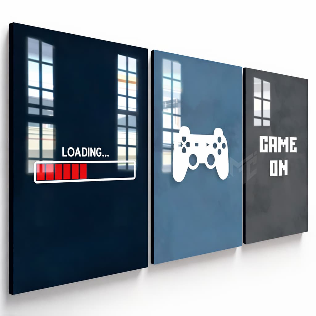 Quadro decorativo 3 peças 20x30 loading game on controle video game crianças decoração do quarto