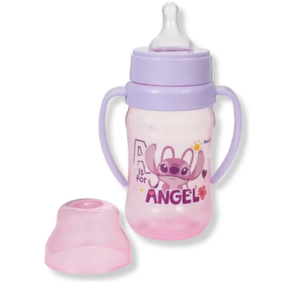 mamadeira infantil bebê 300ml com alça removível bico redondo silicone temático Angel