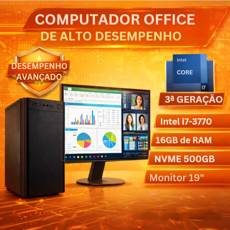 Computador CPU Desktop Intel Core i7 3.4Ghz 3ª Geração - SSD de 500GB Nvme - Memória RAM de 16GB DDR3 - Monitor de 19"
