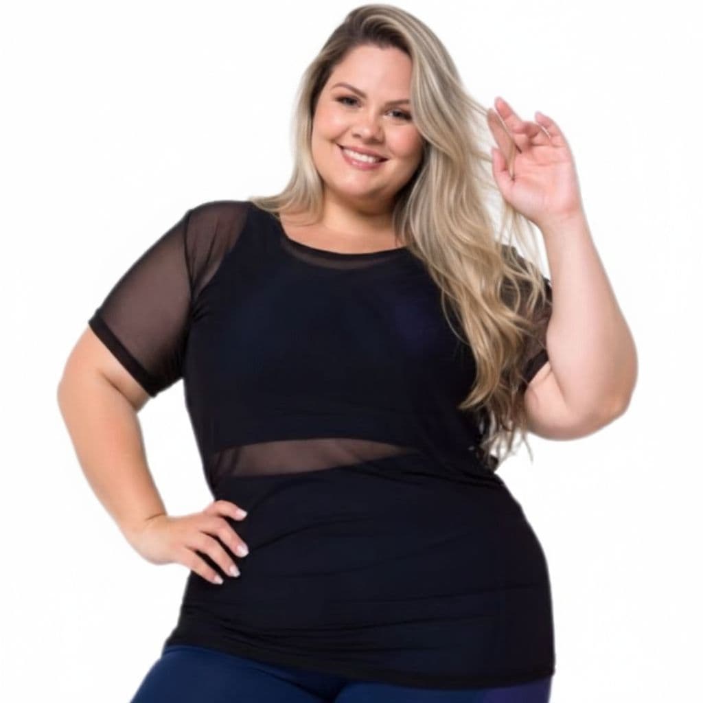 Blusa de Tule Transparente Fitness Plus Size, Blusa Tule Feminina Academia