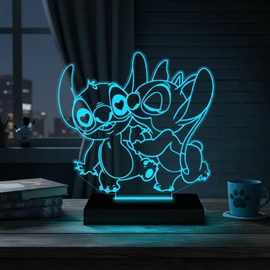 Luminária Led 3d | Lilo Stitch Angel  Abajur Presente Criativo Decoração
