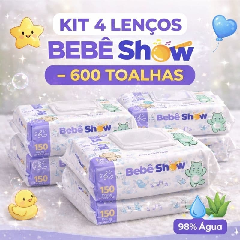 Kit 4 Lenços Umedecidos Bebê Show 600 Toalhas – Super Macio, Sem Álcool, Ideal para Deixar Seu Bebê Sempre Limpinho