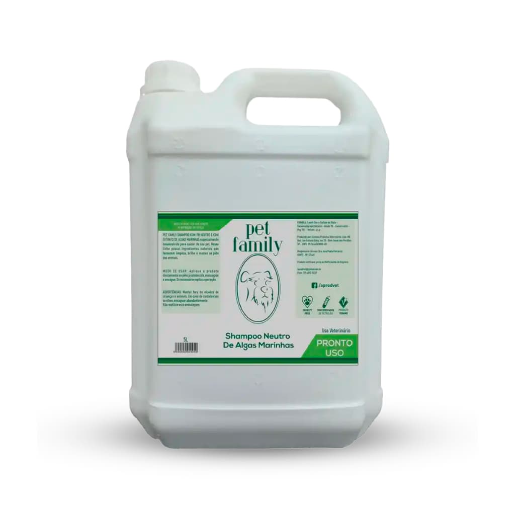 Shampoo Vegano Neutro Para Banho Pet Cães E Gatos Com Algas Marinhas Pronto Para Uso 5L Pet Family