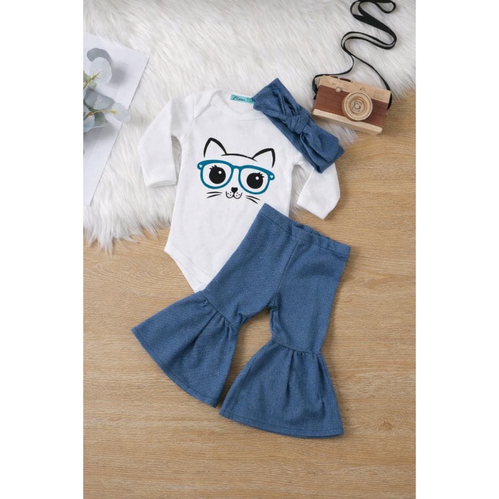 Conjunto Bebe Menina Estilo Bloguerinha Body Manga Longa com Calça de Sarja + Faixinha de Cabelo