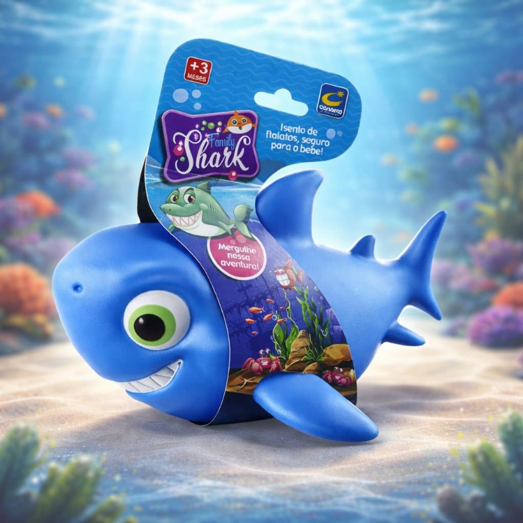 Boneco Tubarão Shark Family Azul Mordedor Bebê Vinil Macio Brinquedo Banho Banheira Piscina Borracha