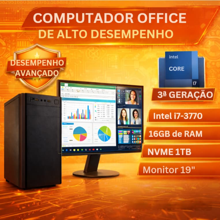 Computador Intel Core i7 3.4Ghz - SSD de 1TB Nvme - Memória de 16GB - Monitor de 19"