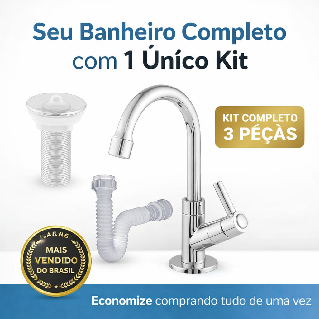 Kit Torneira Banheiro Completo Cromada ABS com Válvula 7/8 e Sifão Universal