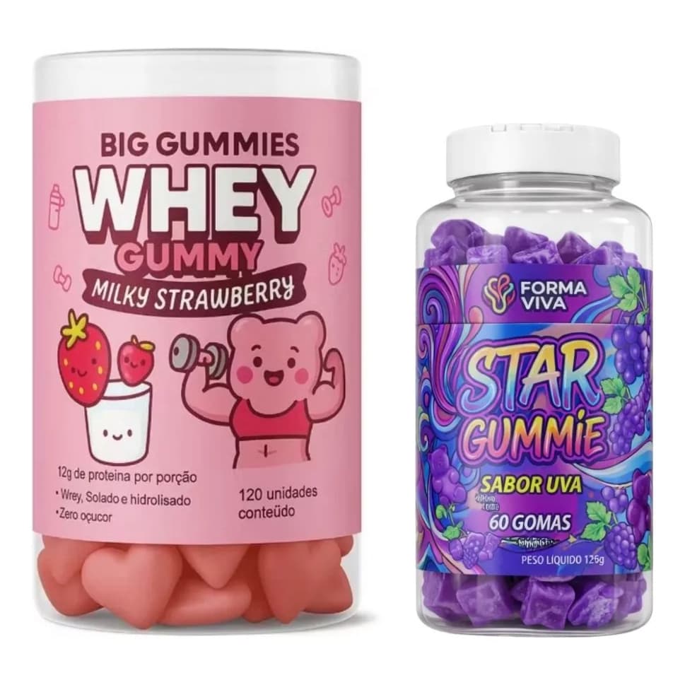 Gummy Whey Morango 12g Proteina + Ursito Pre Treino Uva
