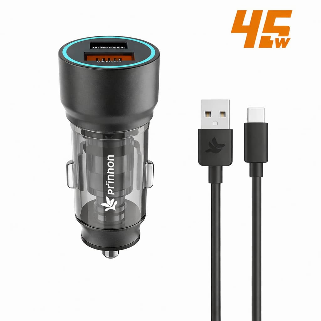 Carregador Veicular Turbo 45W Entrada USB e Entrada Tipo C Original Peining Com Cabo Tipo C