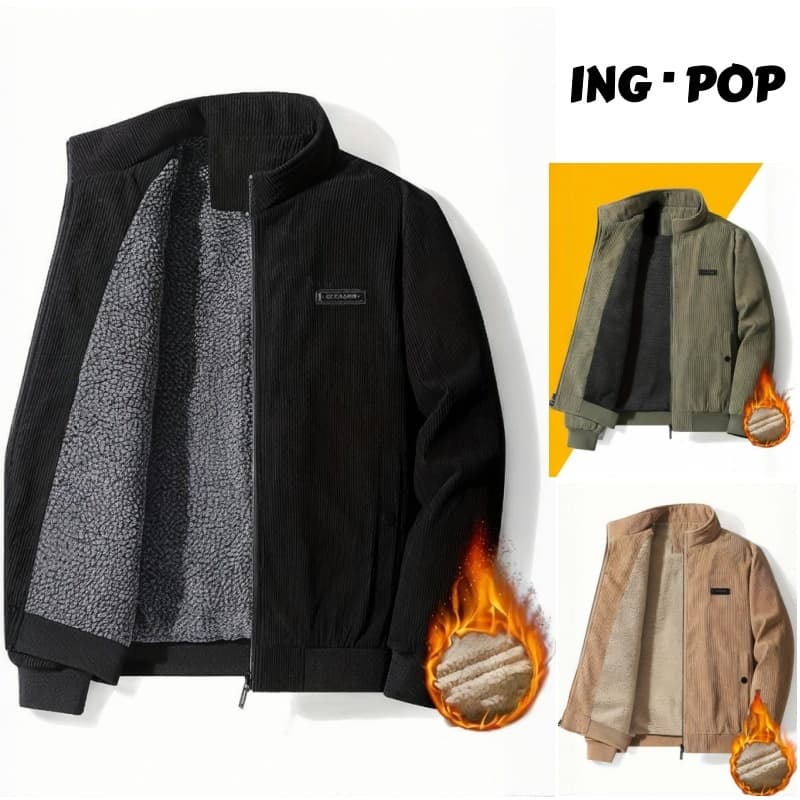 Jaqueta Masculina Acolchoada Veludo Térmico Grossa Cotelê de Gola Alta para Inverno
