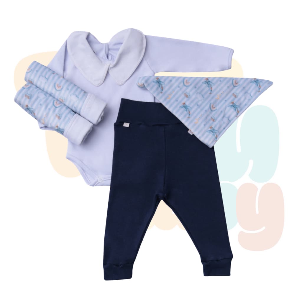 Kit Calça Marinho e Body Manga Longa Branco + Trio de Fraldas Aviões Cós Alto - Suedine 100% Algodão