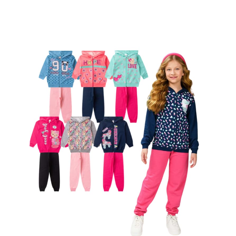 Kit 10 Peças Moletom Feminino 5 Casacos c Estampas Zíper e Capuz + 5 Calças Lisas Infantil Menina