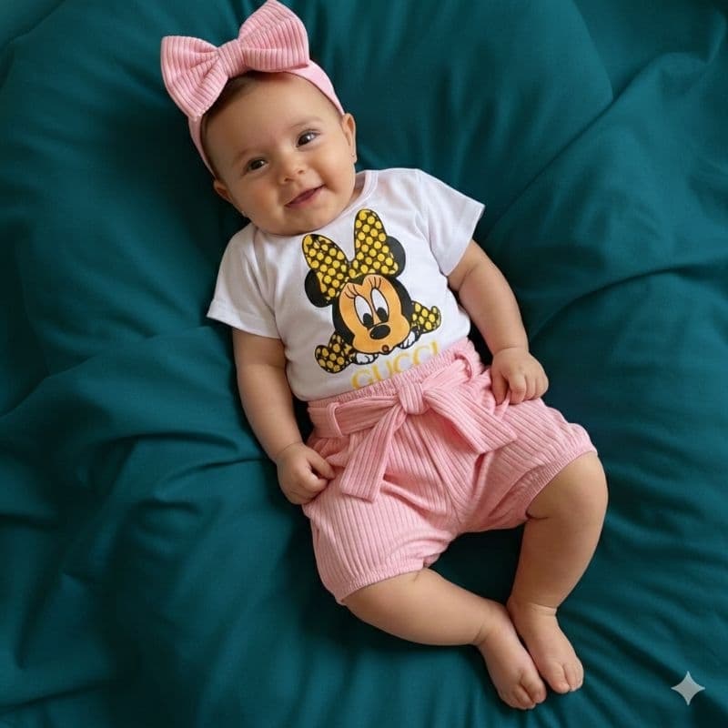 Kit roupinhas de Bebê Menina blusa short e tiara Personagem Minnie - Body, Short e Tiara Laço luxo lançamento promoção