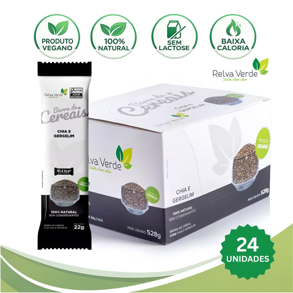 Caixa Barra de Cereal Vegana com Chia e Gergelim Barrinha de Cereal Fibra Snack Saudável Relva Verde