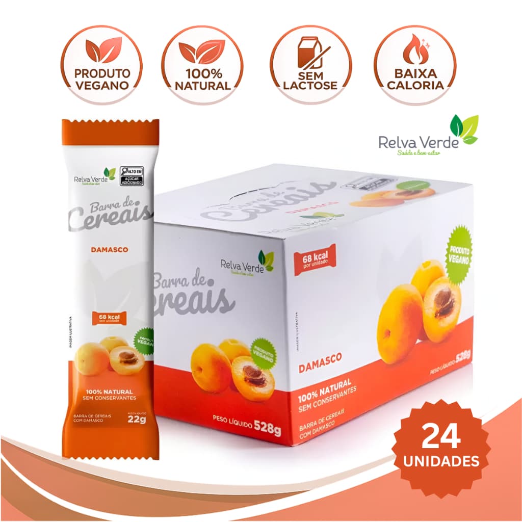 Caixa Barra de Cereal Vegana com Damasco Barrinha de Cereal Natural Snack Saudável Relva Verde