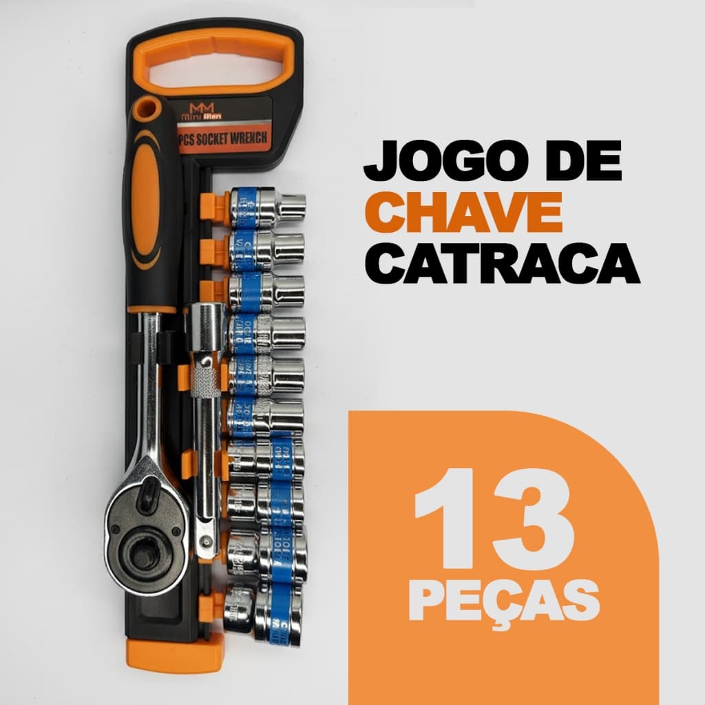 Jogo De Soquete 1/2 Catraca Sextavado 13 Peças Com Extensão 8 a 24mm Aço CRV