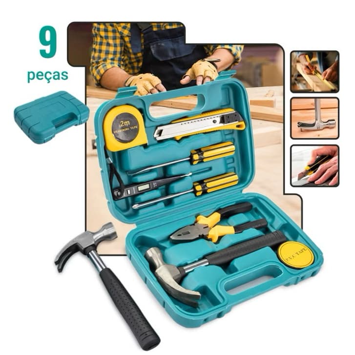 Kit Maleta Estojo Ferramentas 9 Peças Portátil Martelo Alicate Chave de Fenda Trena Estilete