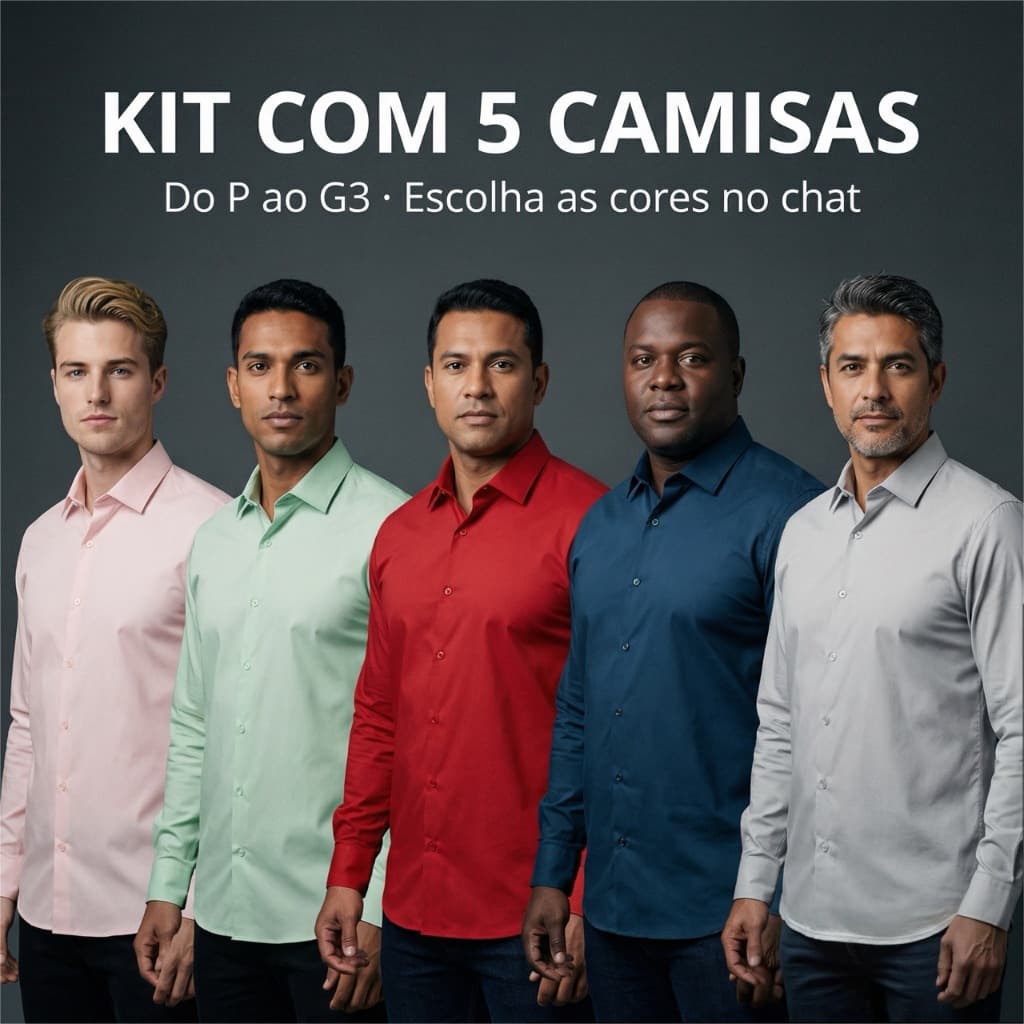 Kit 5 Camisa Social Manga Longa Masculina Slim Lisa Plus Size