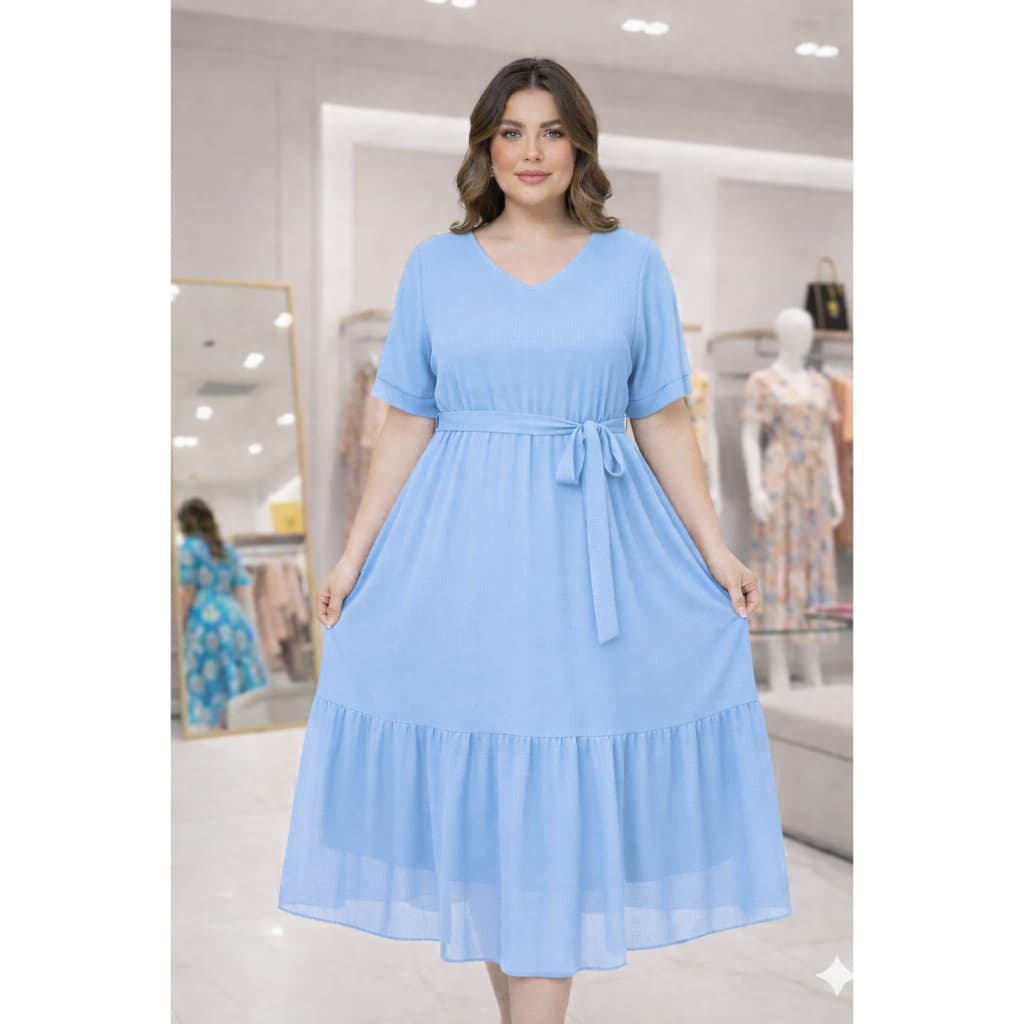 Vestido PlusSize Midi Tule canelado Manga Punho