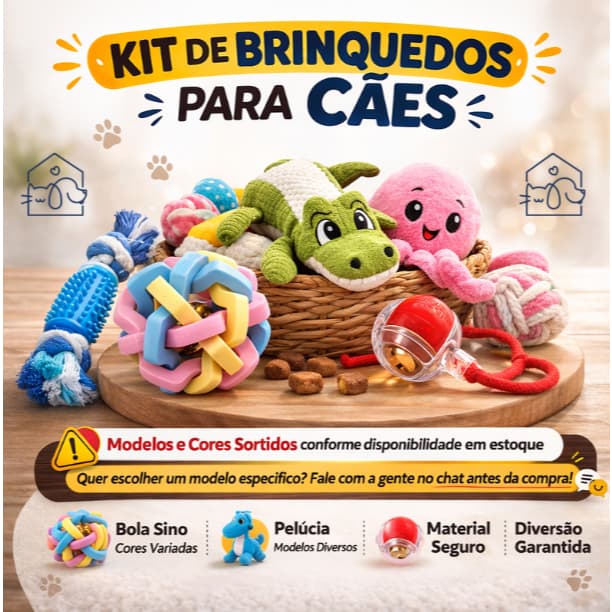 Brinquedos para Cachorros Kit com até 4 Brinquedos Corda, Bola Elétrica, Pelúcia e Bola Sino Monte seu Kit