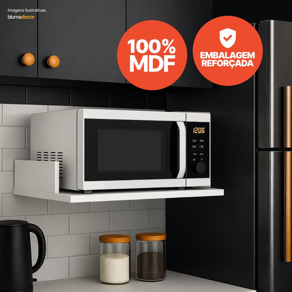 Prateleira Suporte de Parede Para Microondas Forno Airfryer Impressora Nicho MDF 60x40cm Branco Preto Madeirado