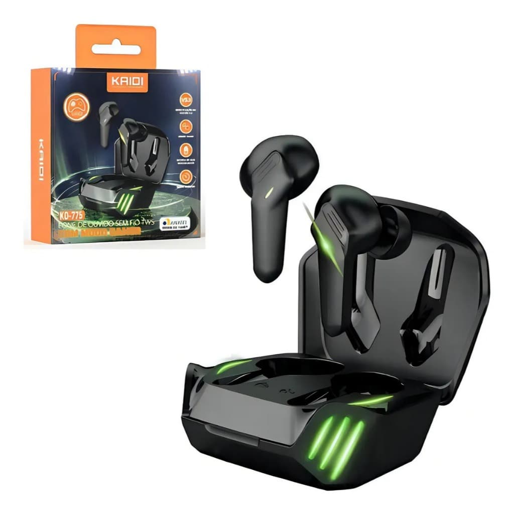 Fone Ouvido Gamer Kaidi KD-775 Bluetooth TWS IPX4 Preto Fone Bluetooth Gamer Com Led Resistente a água, poeira