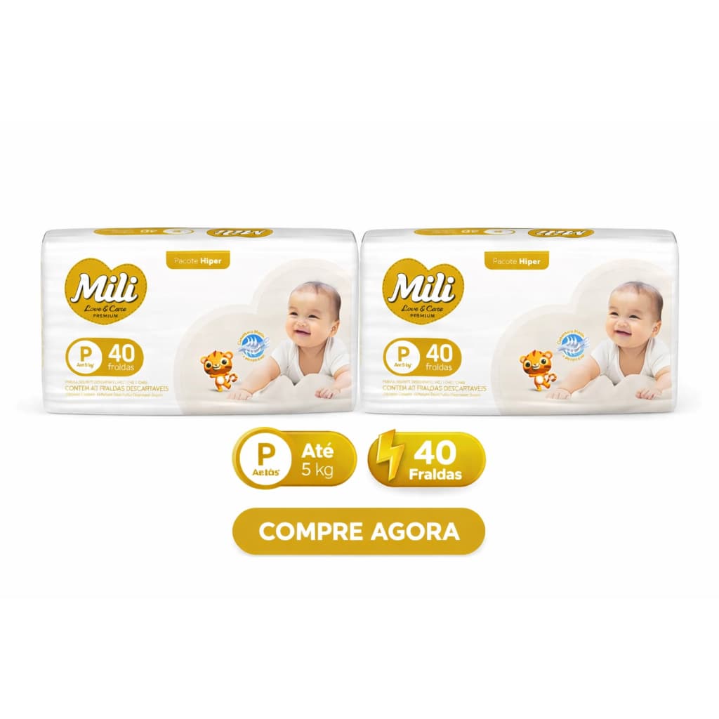 Kit 2 Fralda Infantil Mili Love e Care Premium Hiper Tamanho P com 40 Unidades Descartáveis