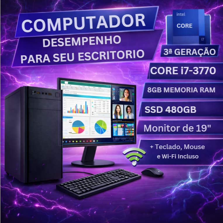 Computador Completo Intel Core i7 - SSD de 480GB - Memória RAM de 8GB - Monitor de 19" - Mouse - Teclado - Wi-fi