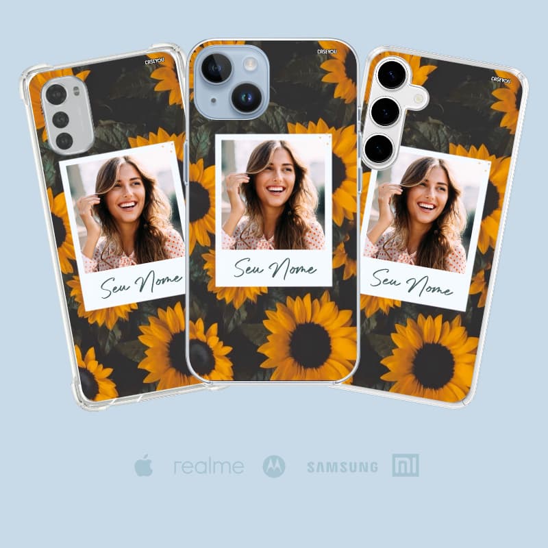 Capinha Celular Personalizada sua Foto e Nome Polaroide Girassol TODOS OS MODELOS