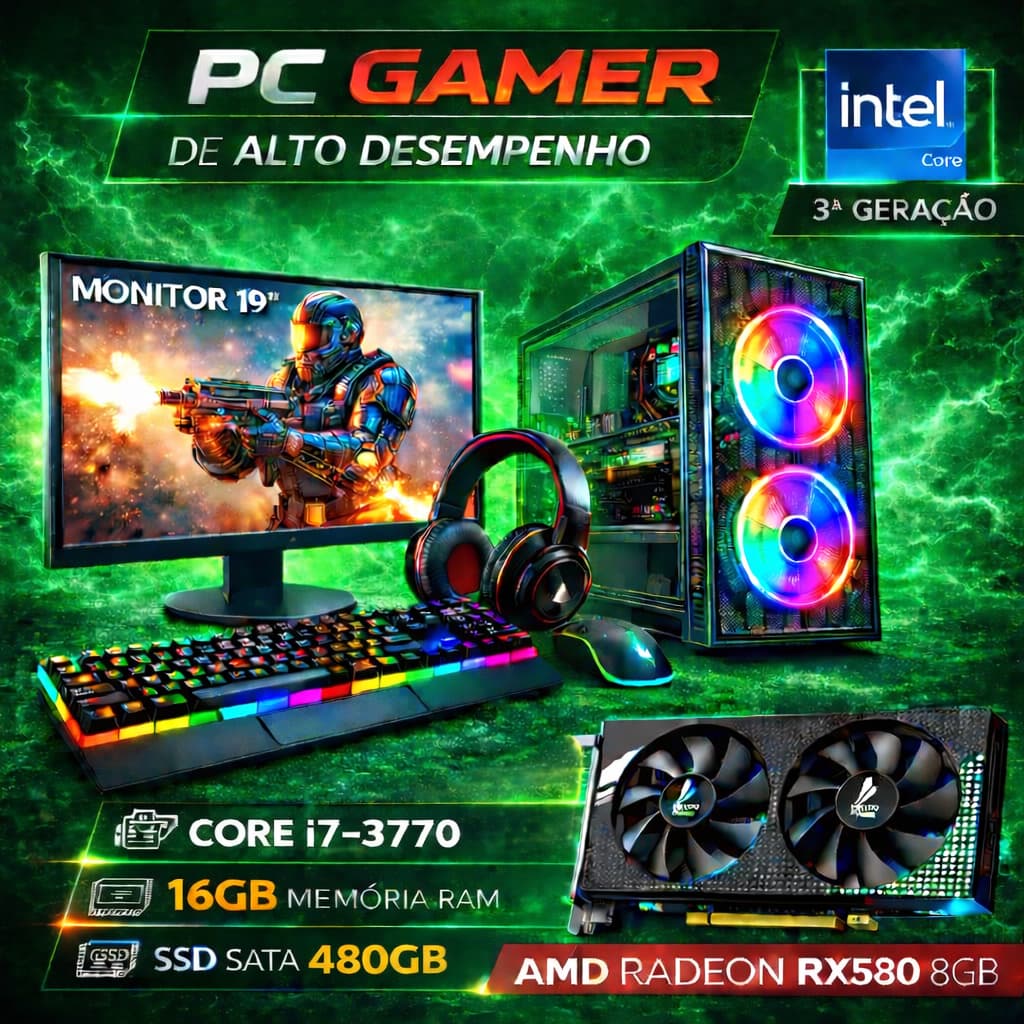 Computador Gamer Completo Intel Core i7 - SSD 480GB - 16GB de RAM - Placa de Vídeo RX580 8GB - Monitor 19"