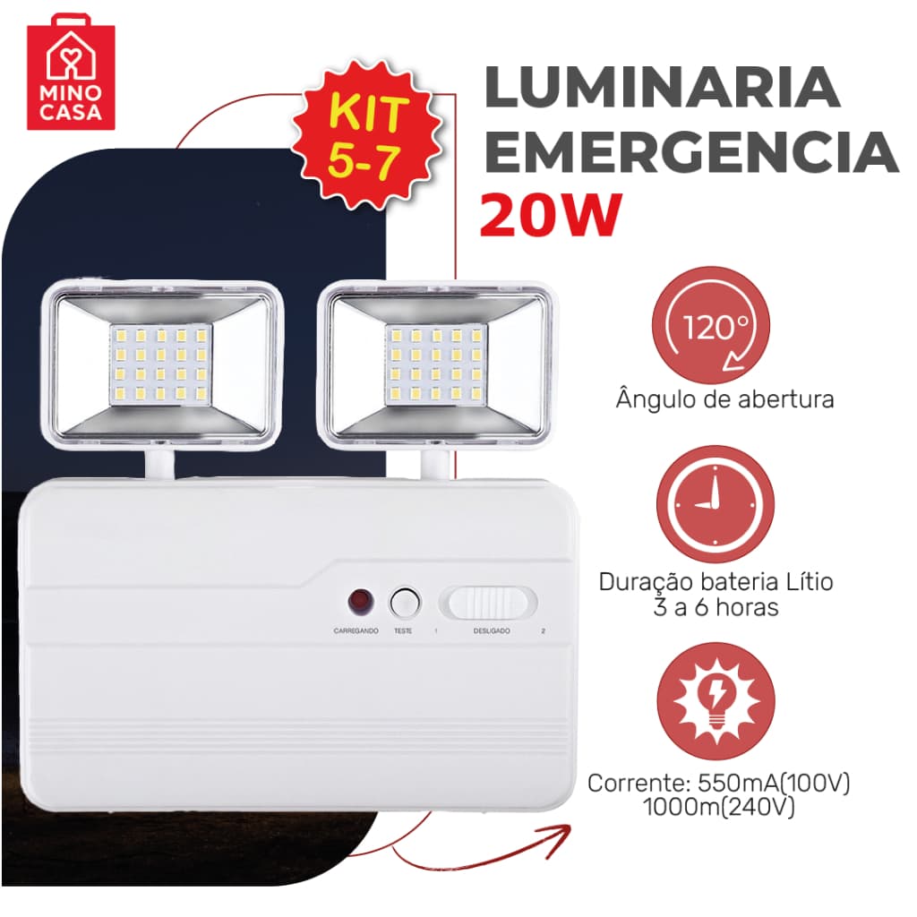 5-7 Luminária de Emergência LED PRO 20W com 2 Farol 40 LEDS Luz Branco Frio