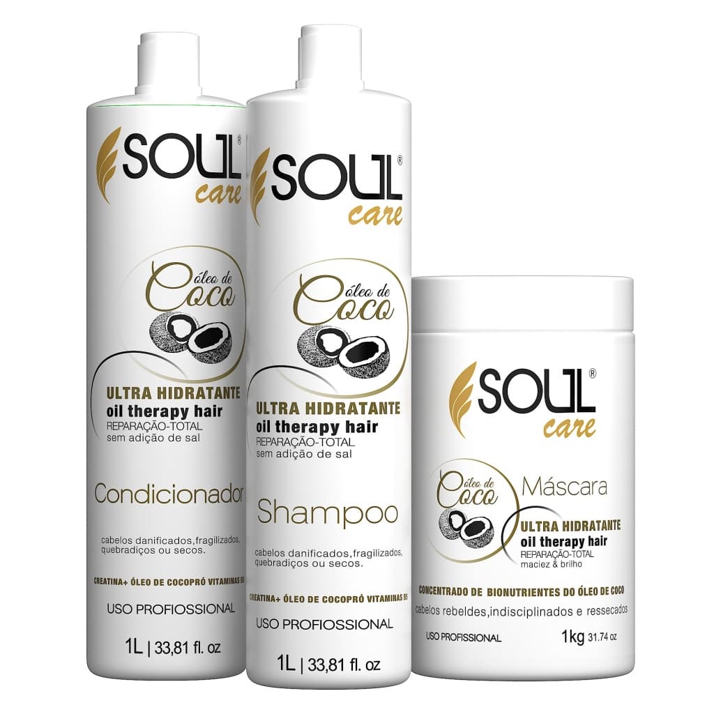 Kit Óleo de Coco Shampoo + Condicionador + Máscara Hidratação Profunda 1L Cabelo Quebradiço