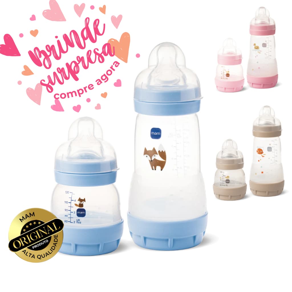 Kit Mamadeira Mam 130 ml e 260 ml Easy Start Anticólica Bebê Recém Nascido Azul Rosa Cinza Neutra