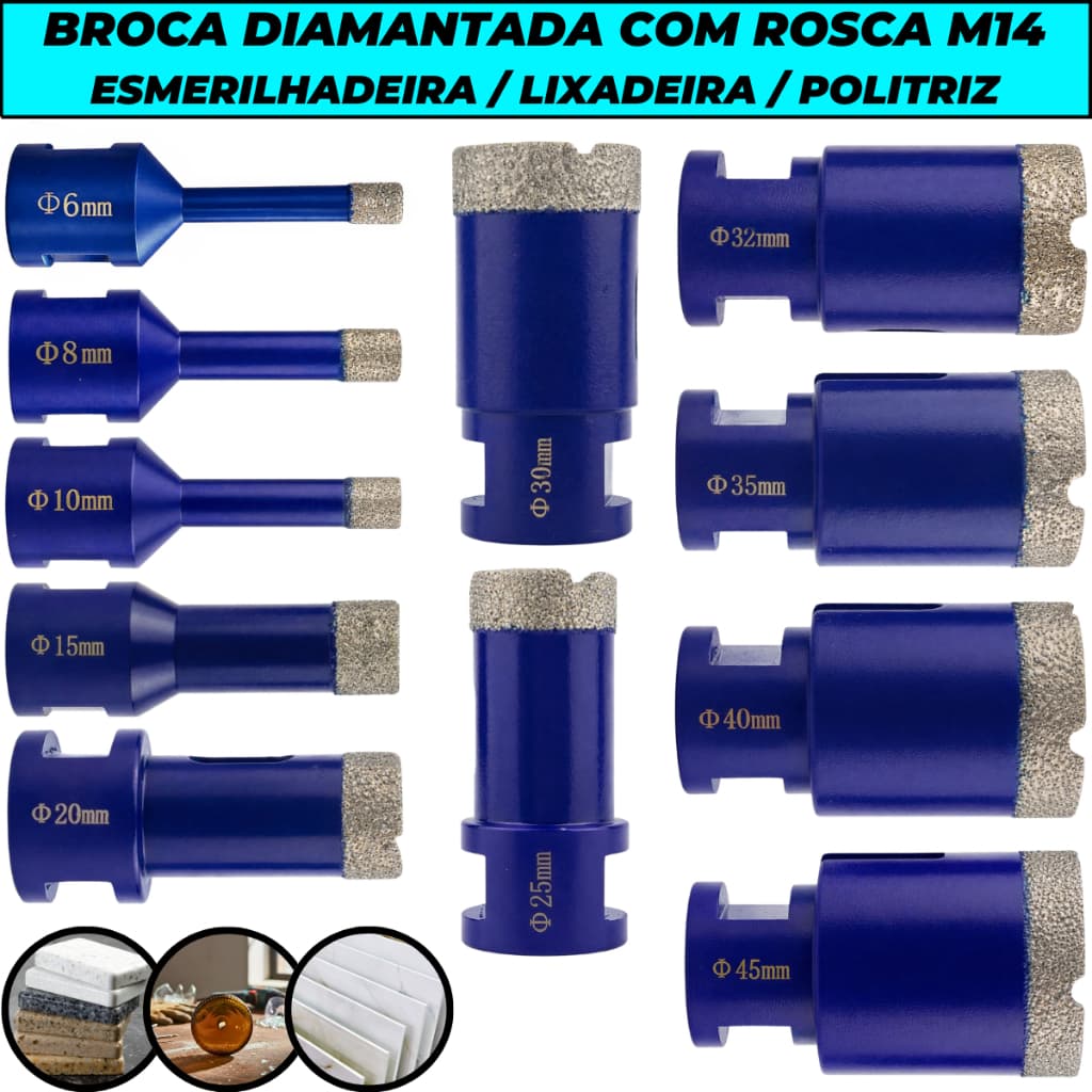 Broca Diamantada Rosca M14 Esmerilhadeira Furo E Acabamento Porcelanato Vidro Mármore Cerâmica Pisos