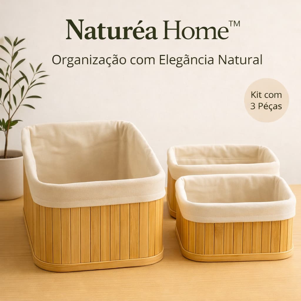Kit 3 Cestos Organizadores em Bambu Natural Multiuso para Banheiro Quarto Cozinha Naturéa Home™