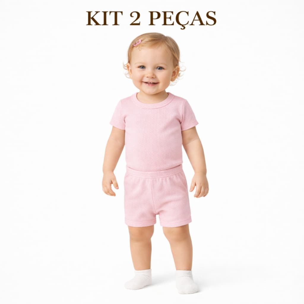Kit 2 Peças Conjunto Body Bebê Manga Curta Shorts Ribana Canelada Feminino E Unissex Verão Enxoval