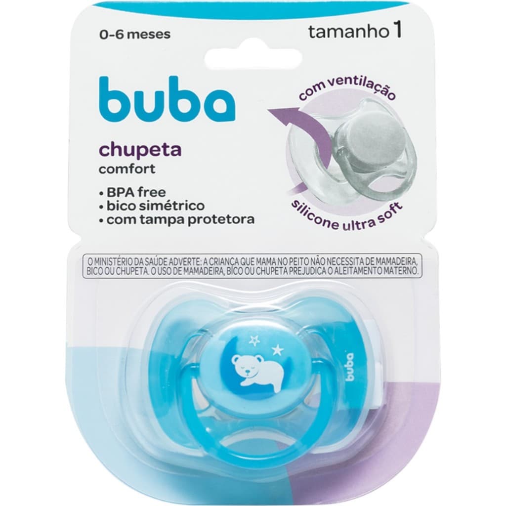 Chupeta Silicone Comfort 0–6 Meses tam 1 Ursinho Azul com Ventilação e tampa protetora - Buba