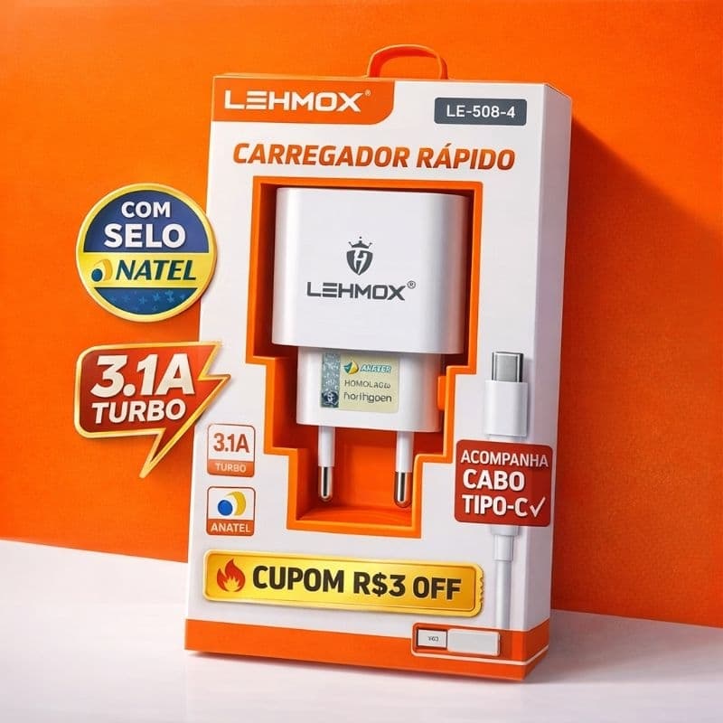 Carregador Rápido 3.1A USB + Cabo Tipo-C Turbo com Selo Anatel Carga Rápida Universal