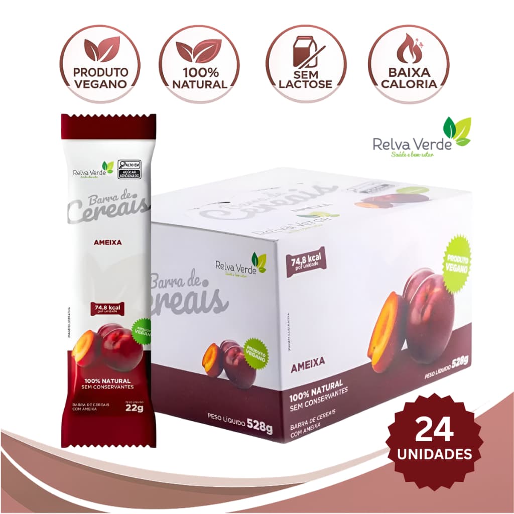 Caixa Barra de Cereal Vegana com Ameixa Barrinha de Cereal Sem Lactose Snack Saudável Relva Verde